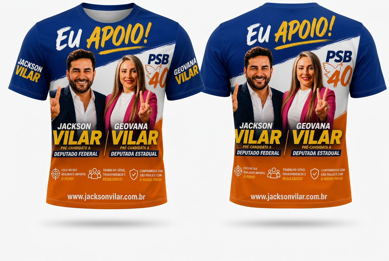 Camiseta oficial da Chapa 40 — Jackson Vilar (Candidato a Deputado Federal 4043) e Geovana Vilar (Candidata a Deputada Estadual 40433)