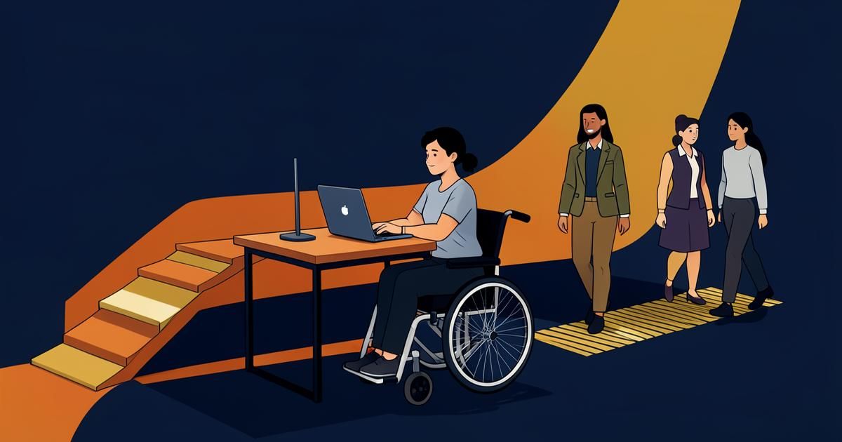 Ilustração de acessibilidade urbana com rampa e cadeirante, em azul-marinho com detalhes em amarelo