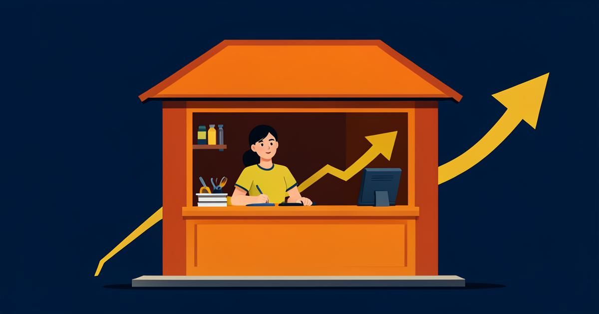 Ilustração de pequeno comércio de bairro com seta de crescimento, em azul-marinho com detalhes em laranja