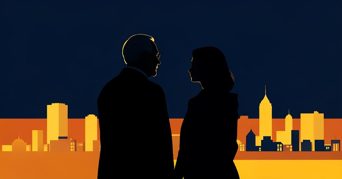 Ilustração de duas gerações diante do horizonte de uma cidade, em azul-marinho com detalhes em laranja