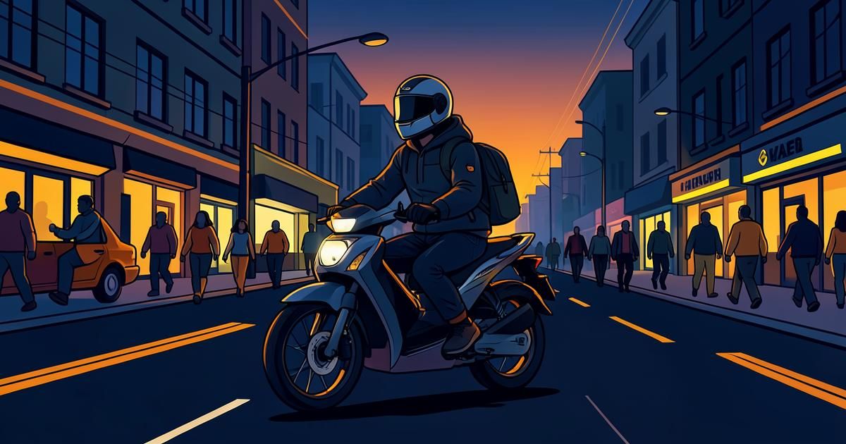 Ilustração de motociclista entregador em via urbana, em azul-marinho com detalhes em laranja
