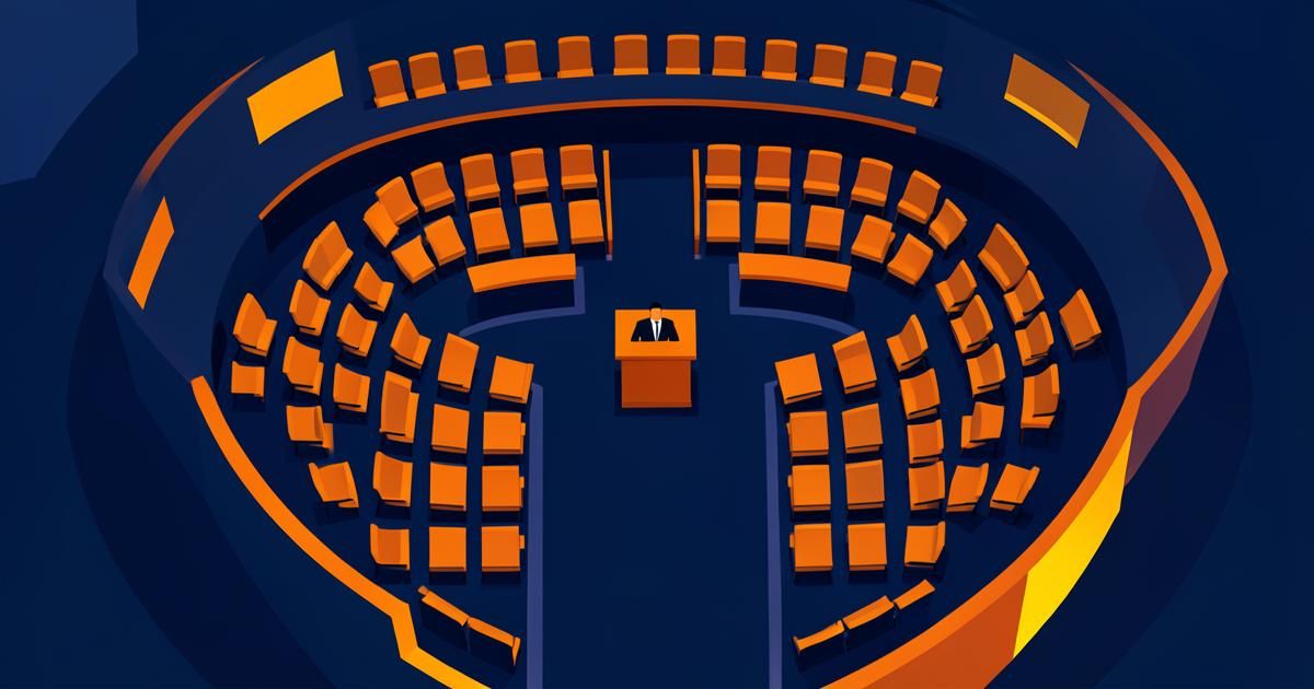 Ilustração de um plenário legislativo em azul-marinho com bancadas e detalhes em amarelo