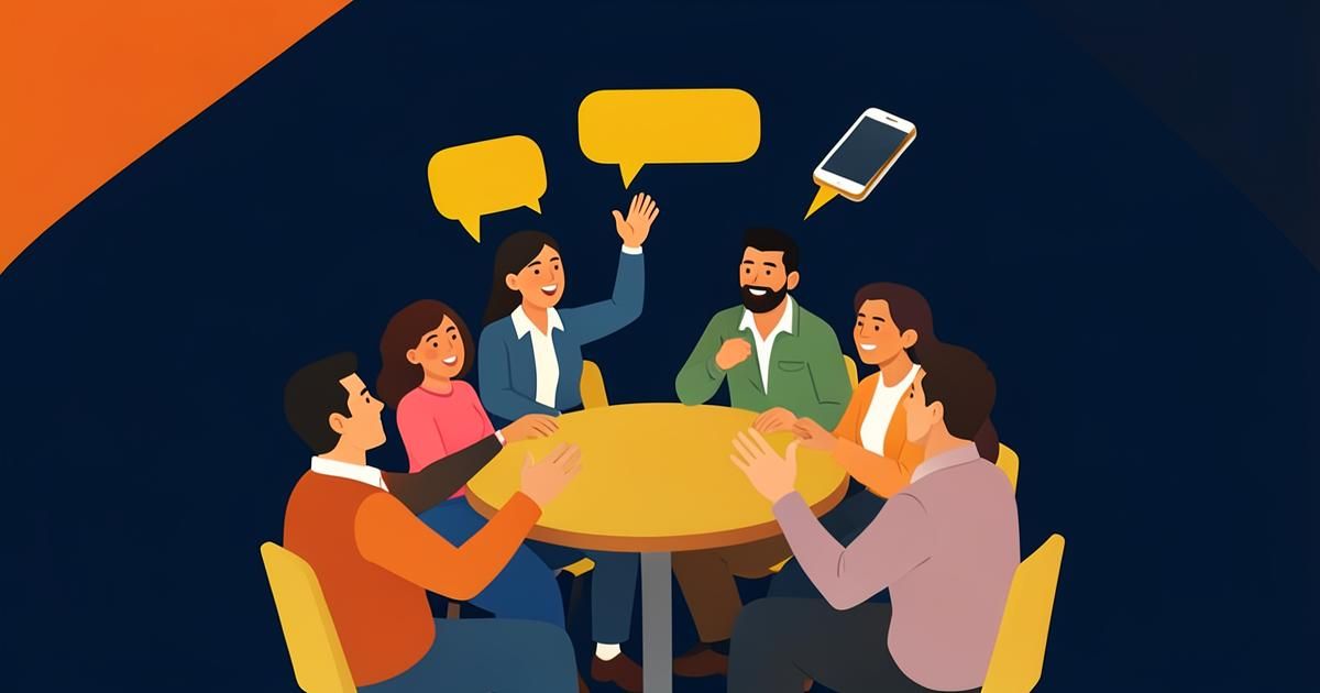 Ilustração de roda de conversa comunitária com balões de fala, em azul-marinho com detalhes em amarelo
