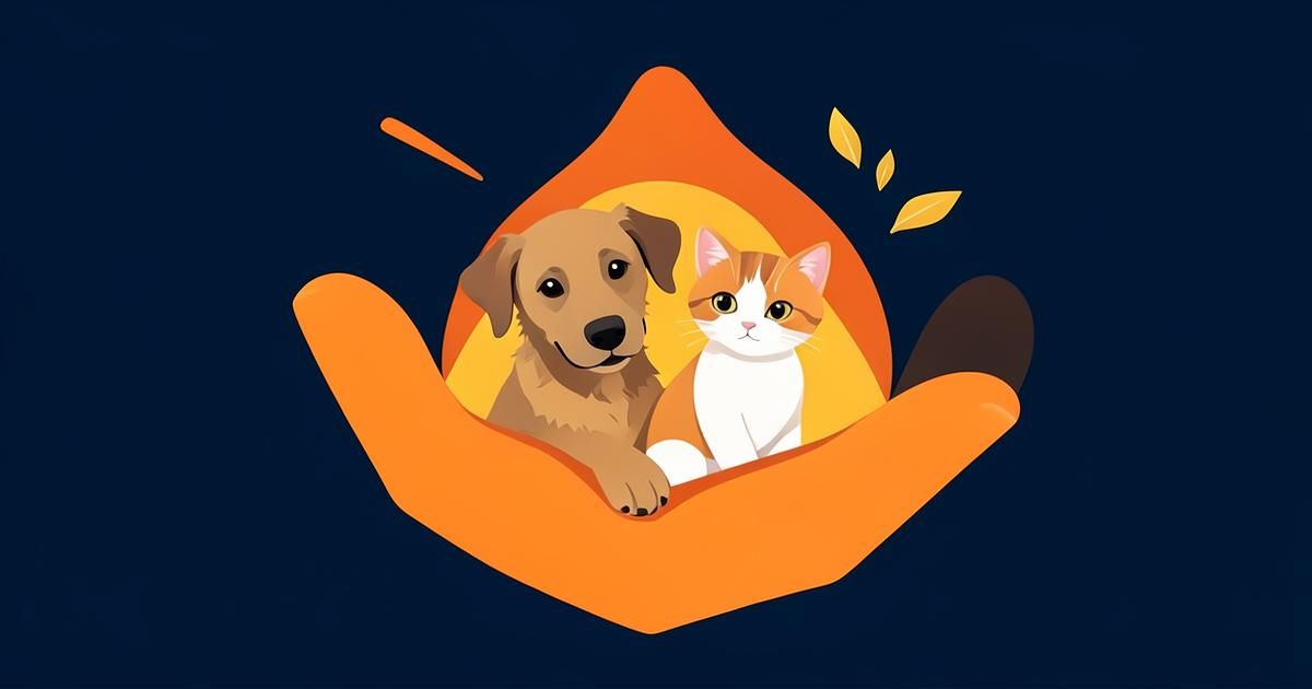 Ilustração de proteção animal com cão e gato, em azul-marinho com detalhes em amarelo e laranja