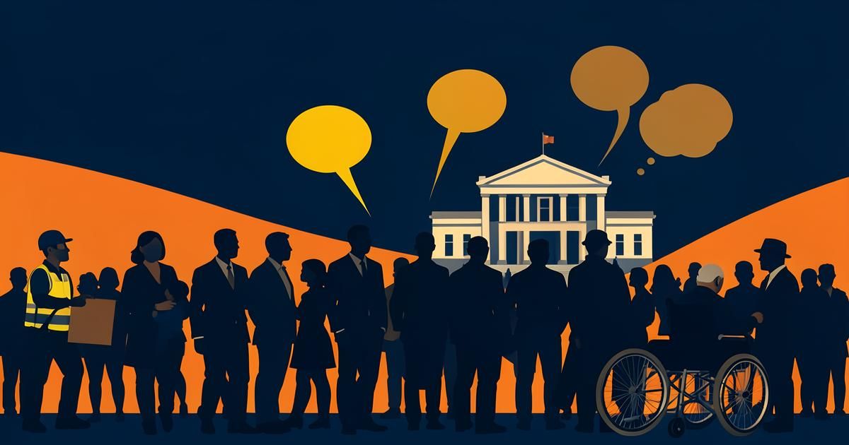 Ilustração de multidão diversa com balões de fala diante de um prédio institucional, em azul-marinho com detalhes em laranja e amarelo